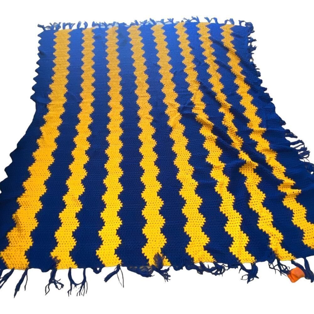 Handmade Hand Crochet Royal Blue & Gold Wave Print King Bed Size Blanket Fringe
